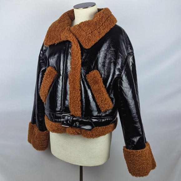 BLANK NYC Moto Jacket Vegan Patent Leather Faux Shearling Black Copper M NWT - Picture 11 of 14